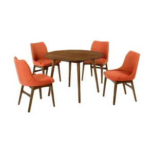 Arcadia and Azalea 42" Round Orange and Walnut Wood 5 Piece Dining Set By Armen Living