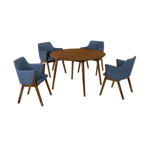 Arcadia and Renzo 48" Round Blue and Walnut Wood 5 Piece Dining Set By Armen Living
