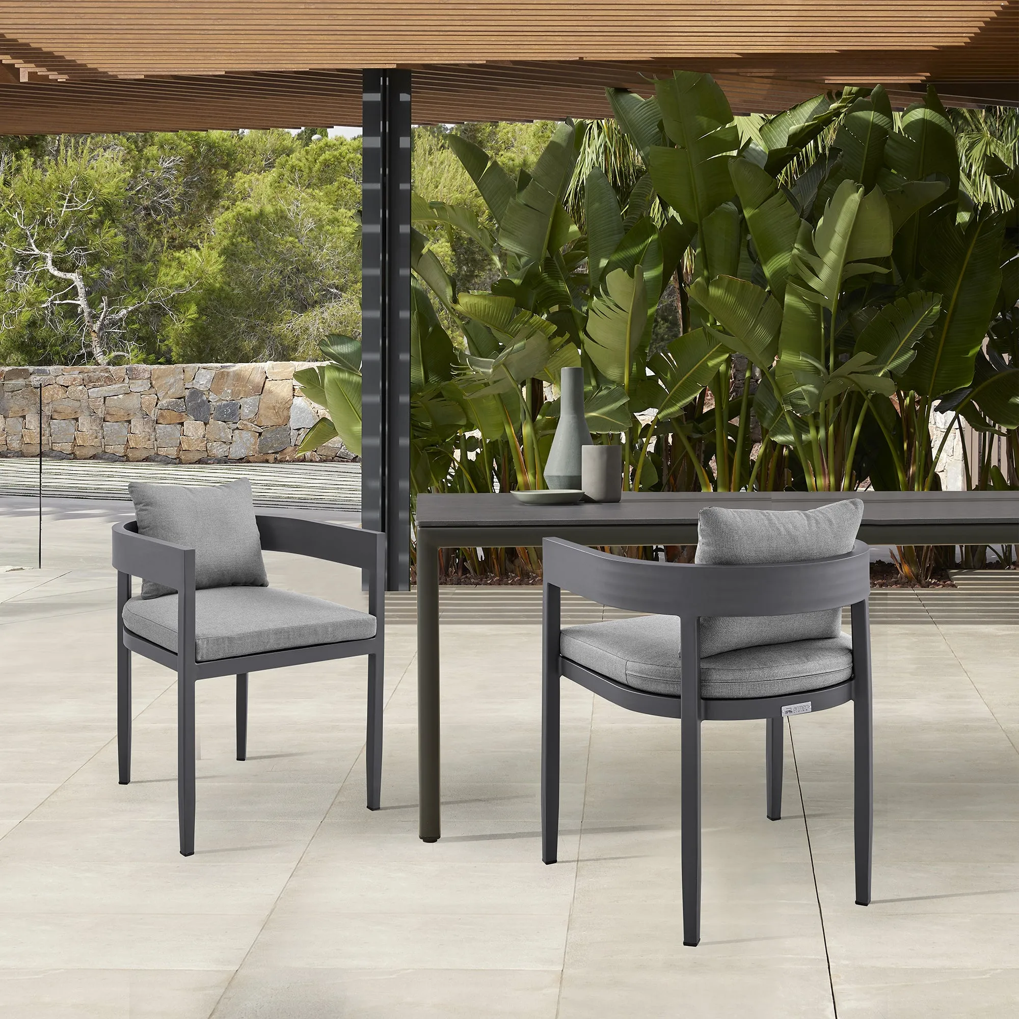 Argiope Outdoor Patio Dining Chairs in Aluminum with Grey Cushions - Set of 2 By Armen Living
