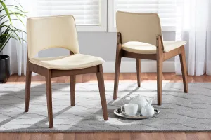 Baxton Studio Afton Mid-Century Modern Beige Faux Leather Upholstered and Walnut Brown Finished Wood 2-Piece Dining Chair Set