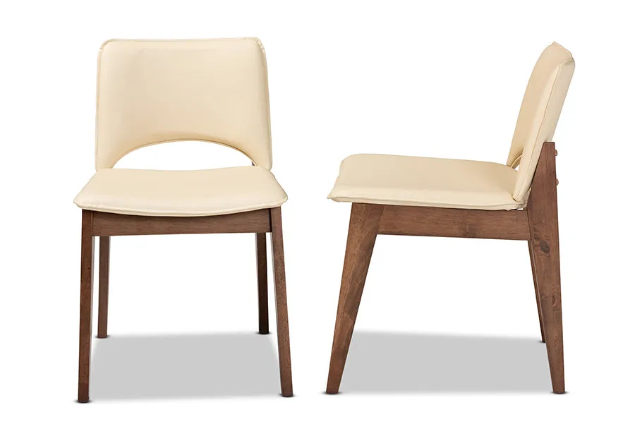 Baxton Studio Afton Mid-Century Modern Beige Faux Leather Upholstered and Walnut Brown Finished Wood 2-Piece Dining Chair Set