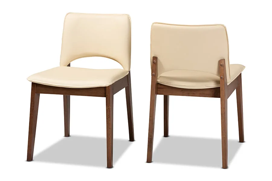 Baxton Studio Afton Mid-Century Modern Beige Faux Leather Upholstered and Walnut Brown Finished Wood 2-Piece Dining Chair Set