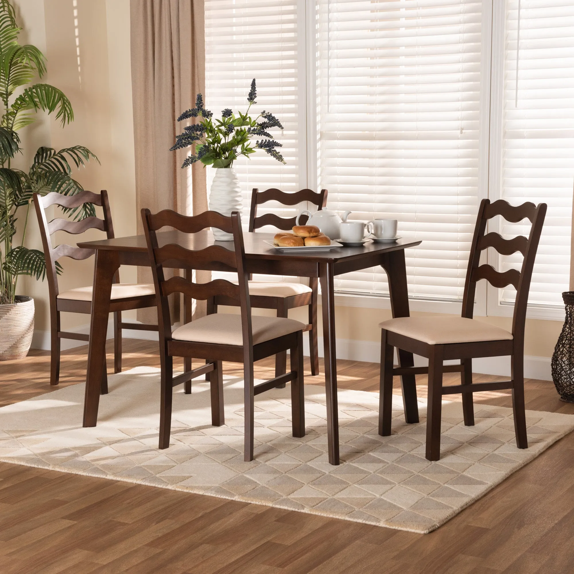 Baxton Studio Amara Mid-Century Modern Cream Fabric and Dark Brown Finished Wood 5-Piece Dining Set