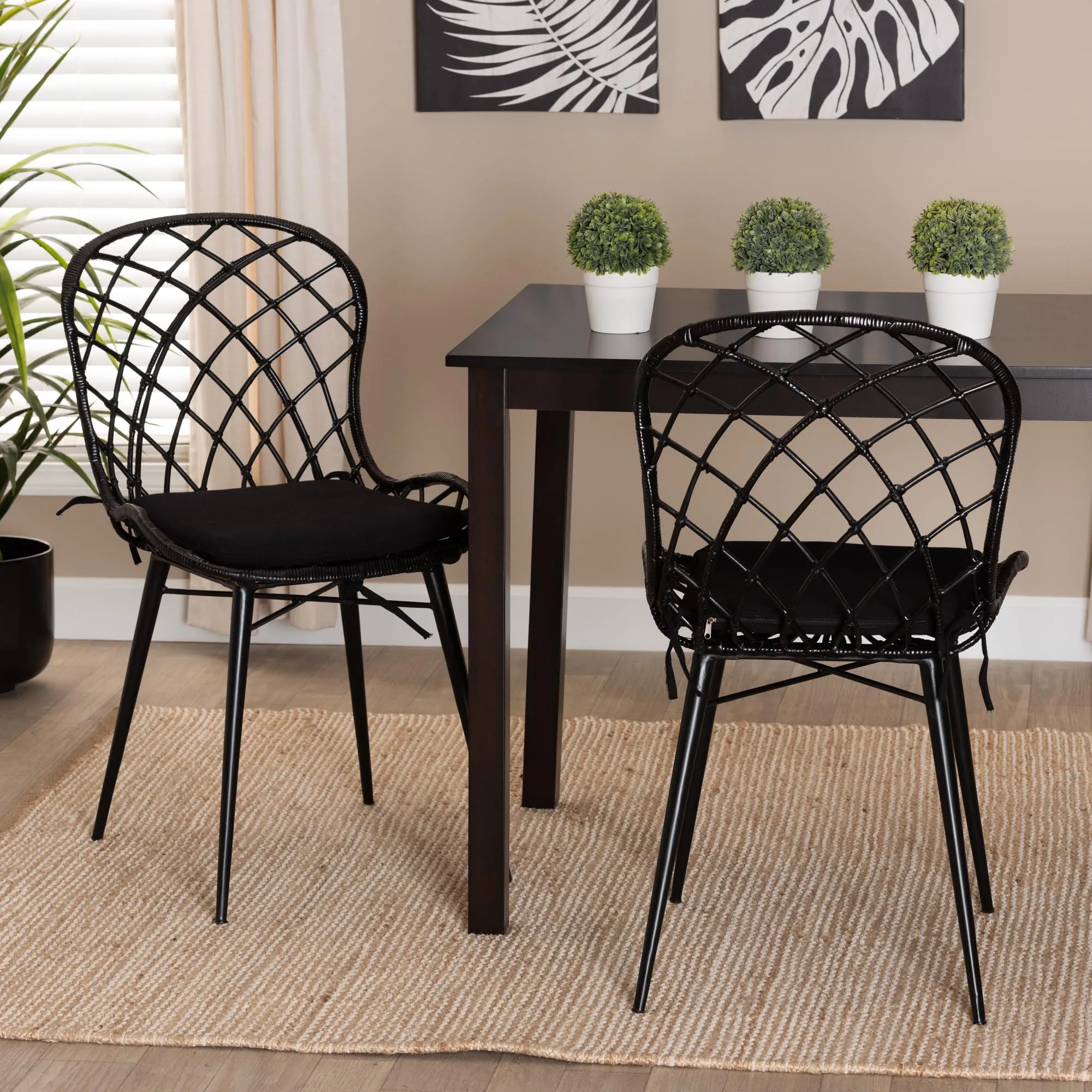Baxton Studio bali & pari Sabelle Modern Bohemian Black Finished Rattan and Metal 2-Piece Dining Chair Set