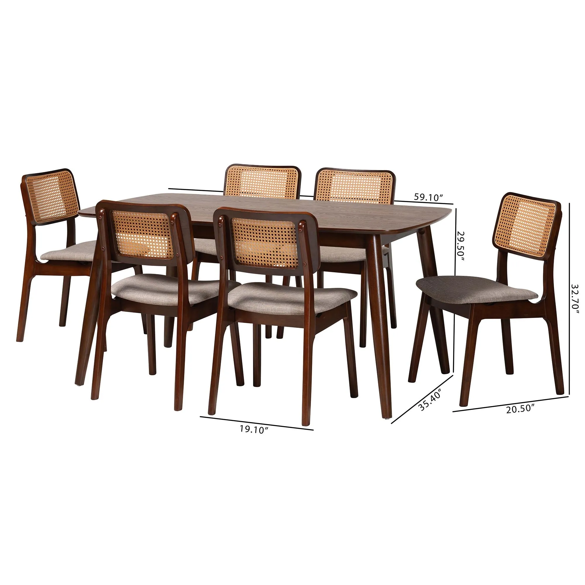 Baxton Studio Dannon Mid-Century Modern Grey Fabric and Walnut Brown Finished Wood 7-Piece Dining Set