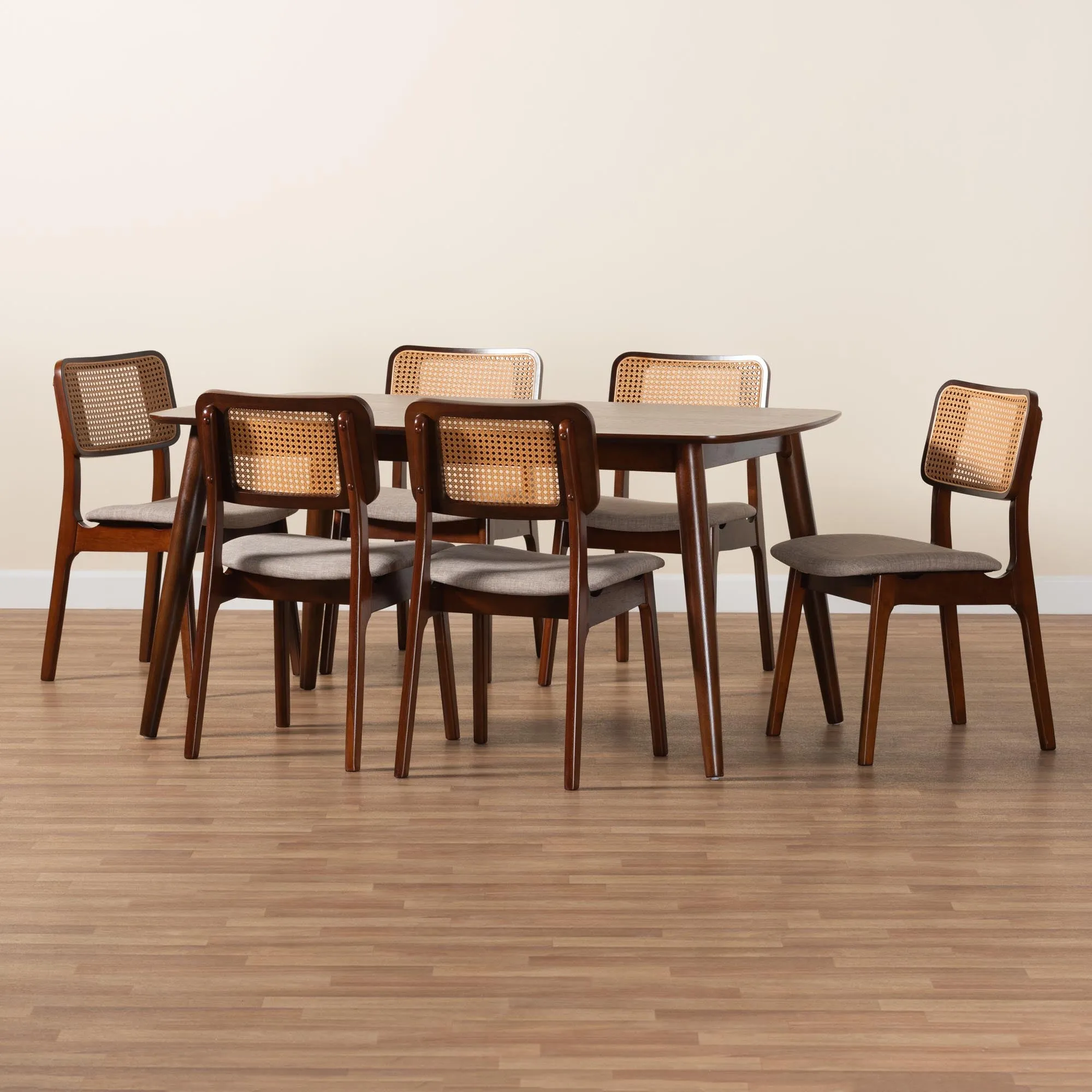 Baxton Studio Dannon Mid-Century Modern Grey Fabric and Walnut Brown Finished Wood 7-Piece Dining Set
