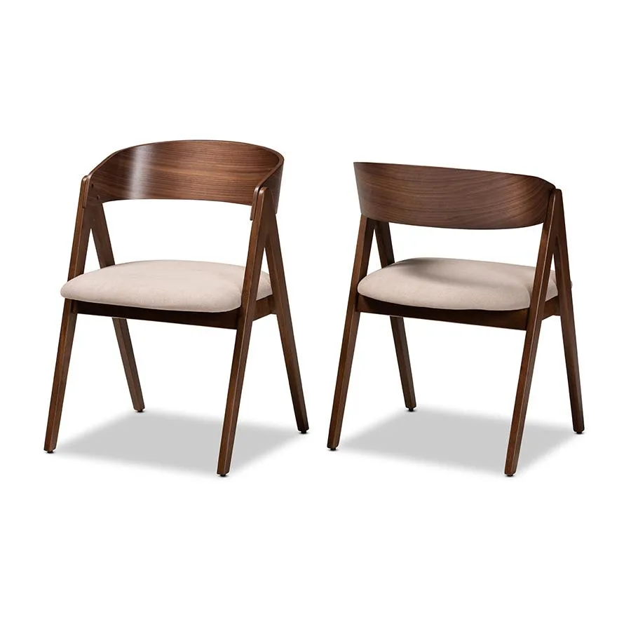 Baxton Studio Danton Mid-Century Modern Beige Fabric Upholstered and Walnut Brown Finished Wood 2-Piece Dining Chair Set