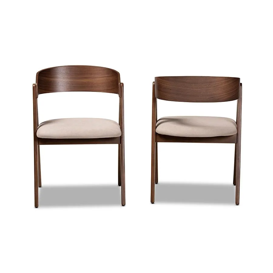 Baxton Studio Danton Mid-Century Modern Beige Fabric Upholstered and Walnut Brown Finished Wood 2-Piece Dining Chair Set