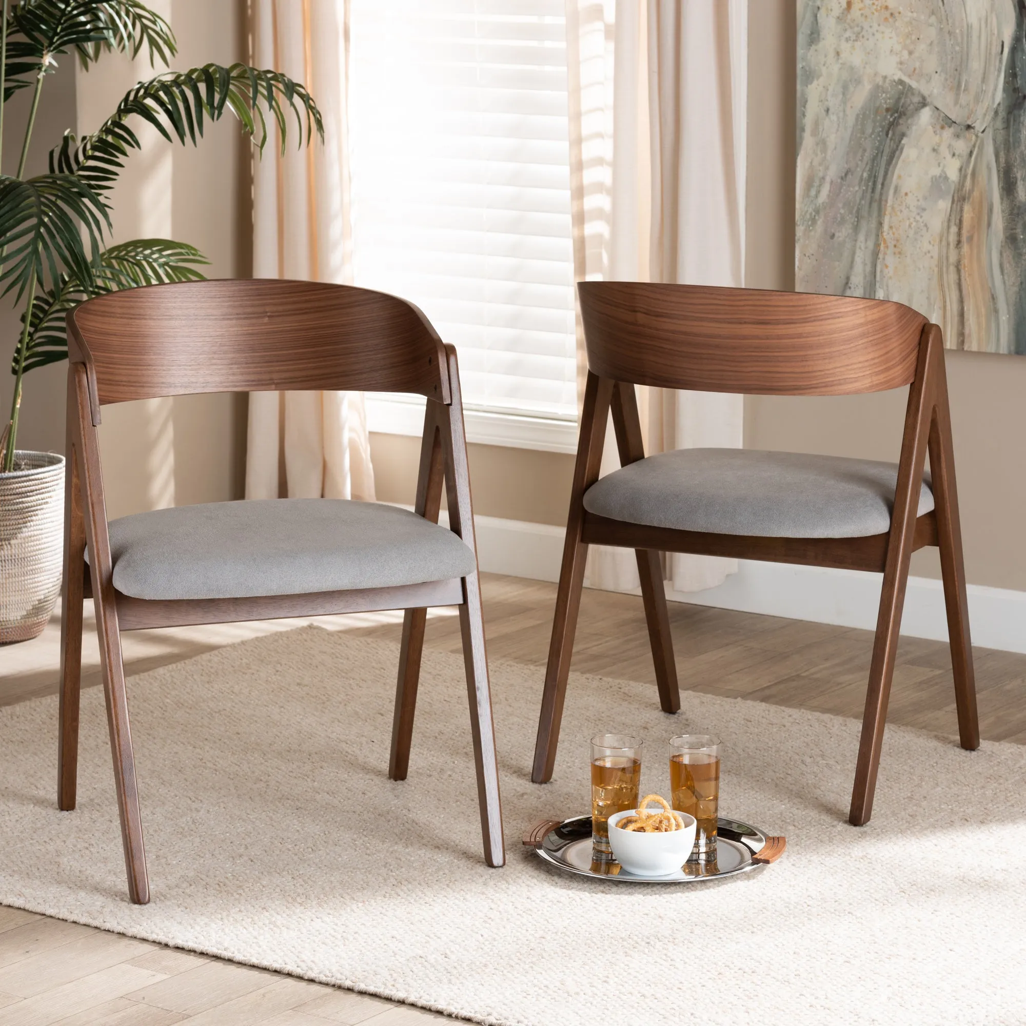 Baxton Studio Danton Mid-Century Modern Grey Fabric Upholstered and Walnut Brown Finished Wood 2-Piece Dining Chair Set