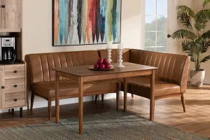 Baxton Studio Daymond Mid-Century Modern Tan Faux Leather Upholstered and Walnut Brown Finished Wood 3-Piece Dining Nook Set