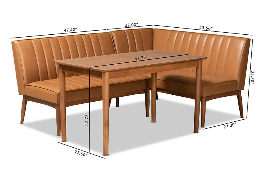 Baxton Studio Daymond Mid-Century Modern Tan Faux Leather Upholstered and Walnut Brown Finished Wood 3-Piece Dining Nook Set