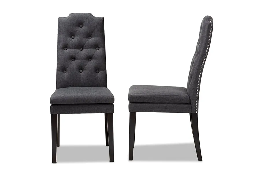 Baxton Studio Dylin Modern and Contemporary Charcoal Fabric Upholstered Button Tufted Wood Dining Chair Set of 2