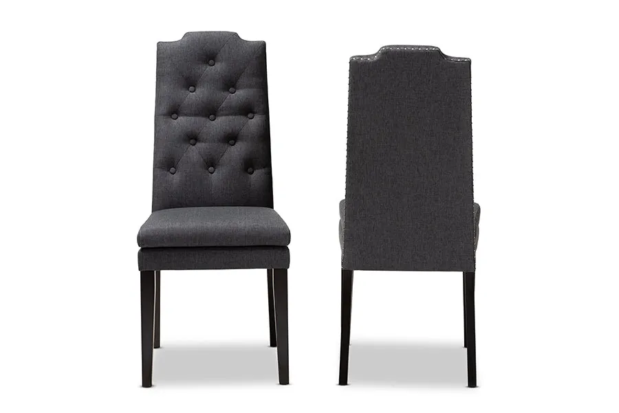 Baxton Studio Dylin Modern and Contemporary Charcoal Fabric Upholstered Button Tufted Wood Dining Chair Set of 2