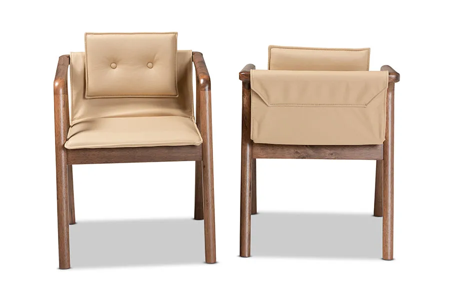 Baxton Studio Marcena Mid-Century Modern Beige Imitation Leather Upholstered and Walnut Brown Finished Wood 2-Piece Dining Chair Set