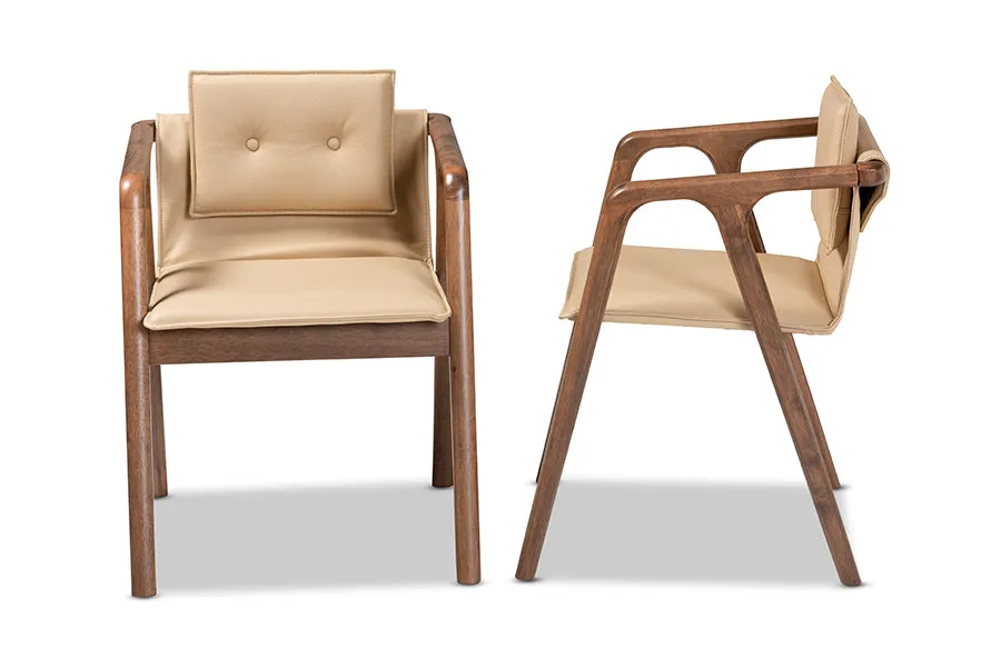 Baxton Studio Marcena Mid-Century Modern Beige Imitation Leather Upholstered and Walnut Brown Finished Wood 2-Piece Dining Chair Set