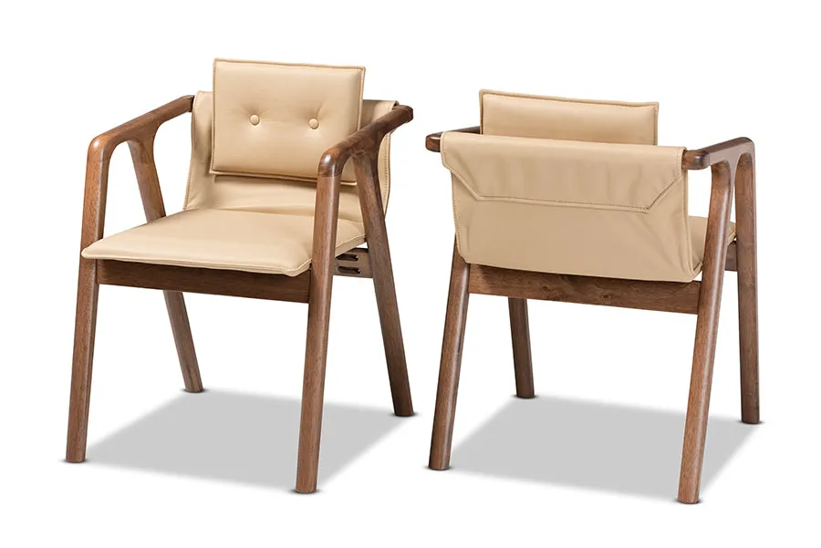 Baxton Studio Marcena Mid-Century Modern Beige Imitation Leather Upholstered and Walnut Brown Finished Wood 2-Piece Dining Chair Set