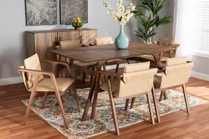 Baxton Studio Marcena Mid-Century Modern Beige Imitation Leather Upholstered and Walnut Brown Finished Wood 7-Piece Dining Set