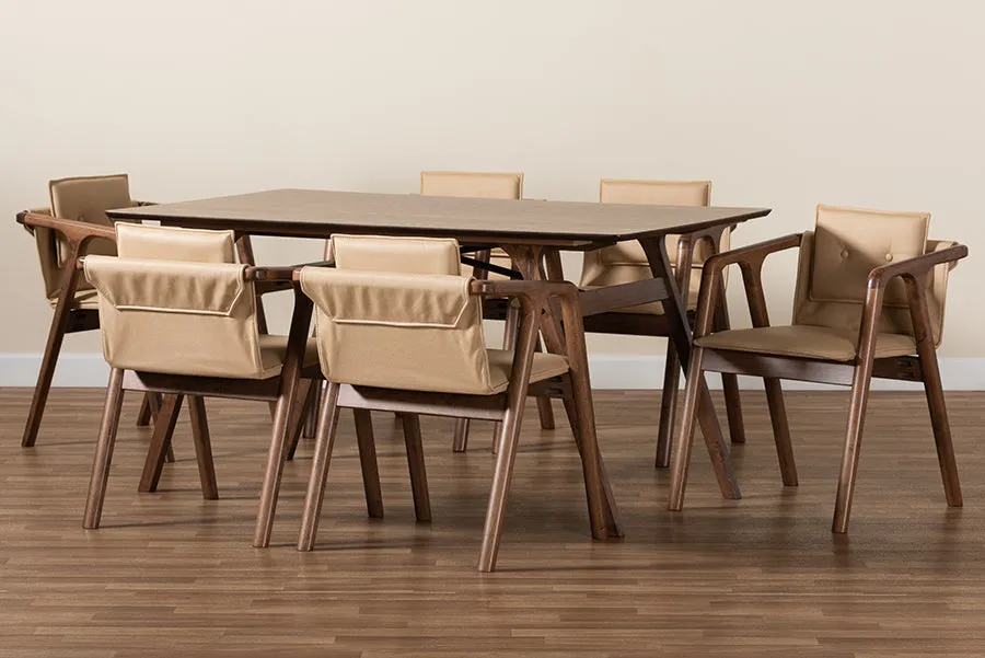 Baxton Studio Marcena Mid-Century Modern Beige Imitation Leather Upholstered and Walnut Brown Finished Wood 7-Piece Dining Set