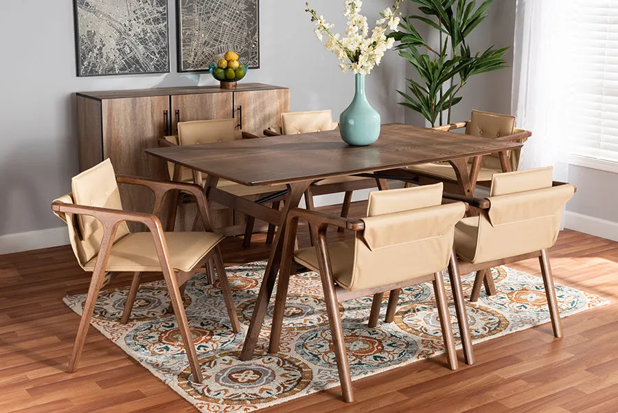 Baxton Studio Marcena Mid-Century Modern Beige Imitation Leather Upholstered and Walnut Brown Finished Wood 7-Piece Dining Set