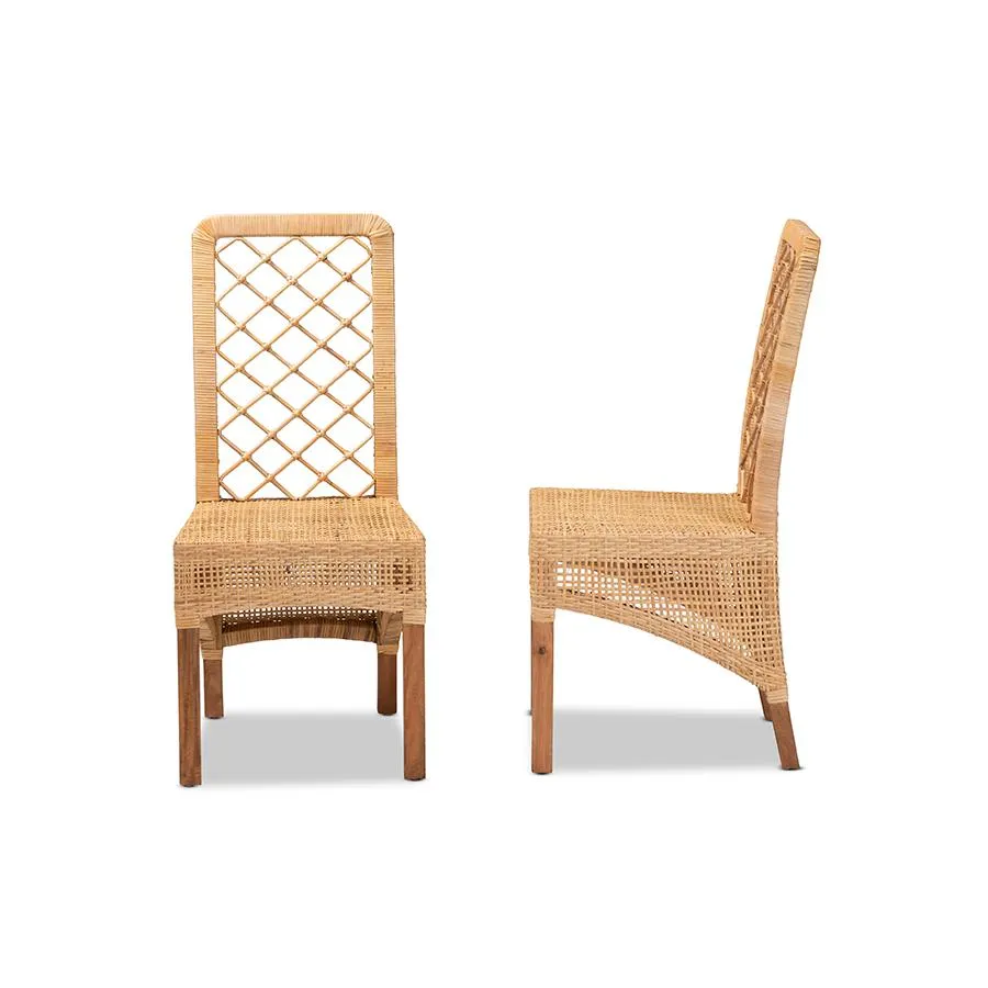 Baxton Studio Moscow Modern Bohemian Natural Brown Rattan and Walnut Brown Finished Wood 2-Piece Dining Chair Set