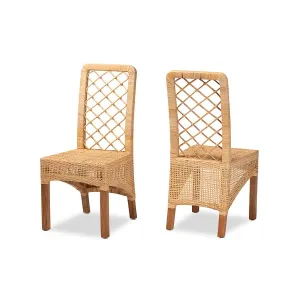 Baxton Studio Moscow Modern Bohemian Natural Brown Rattan and Walnut Brown Finished Wood 2-Piece Dining Chair Set