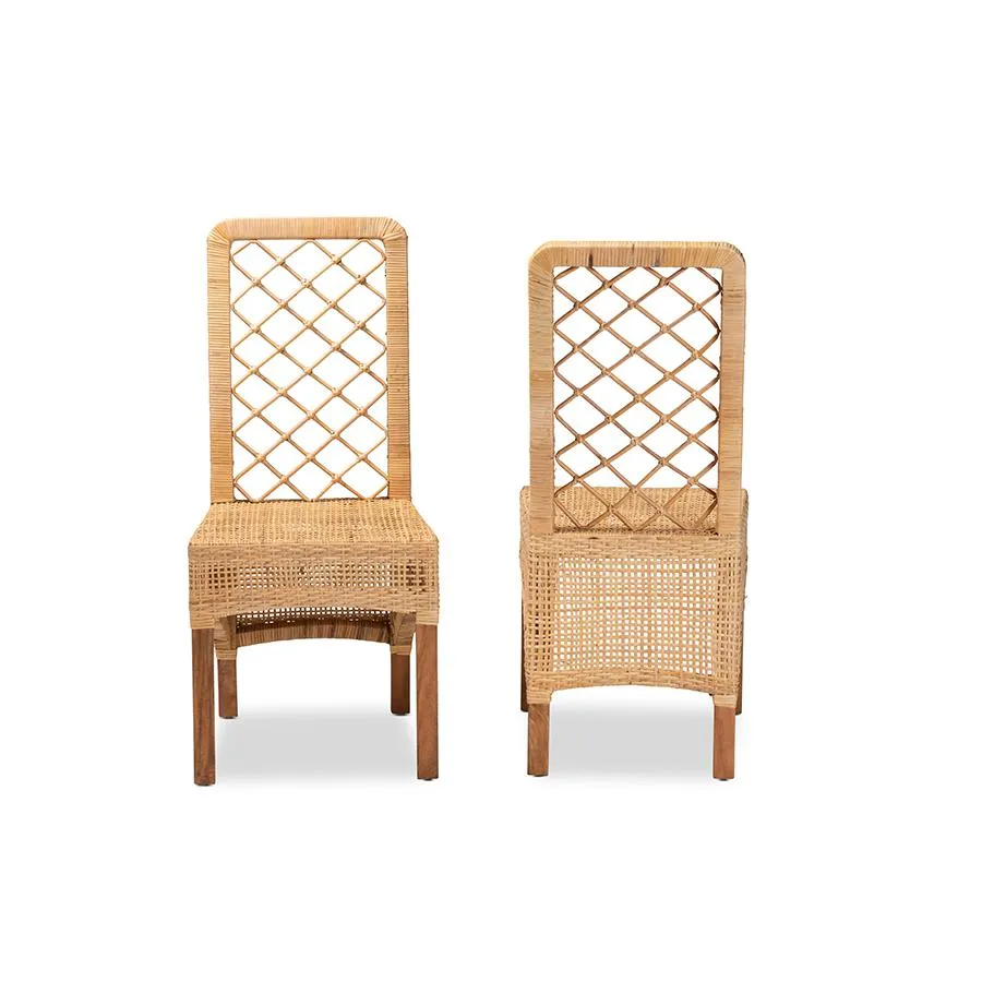 Baxton Studio Moscow Modern Bohemian Natural Brown Rattan and Walnut Brown Finished Wood 2-Piece Dining Chair Set