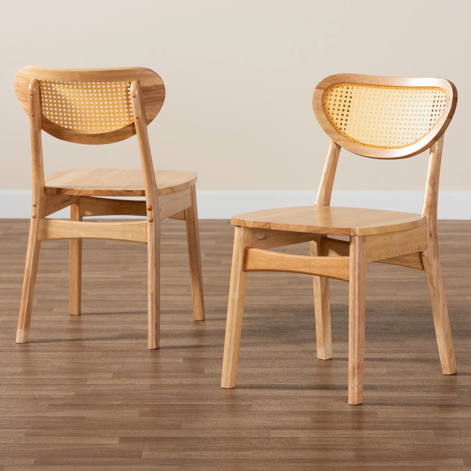Baxton Studio Nenet Mid-Century Modern Oak Brown Finished Wood and Rattan 2-Piece Dining Chair Set