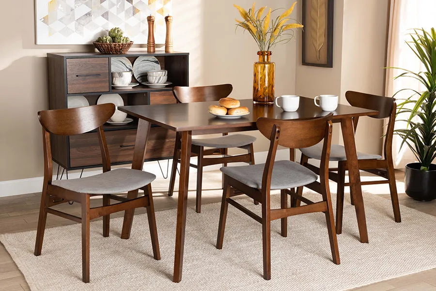 Baxton Studio Orion Mid-Century Modern Transitional Light Grey Fabric Upholstered and Walnut Brown Finished Wood 5-Piece Dining Set