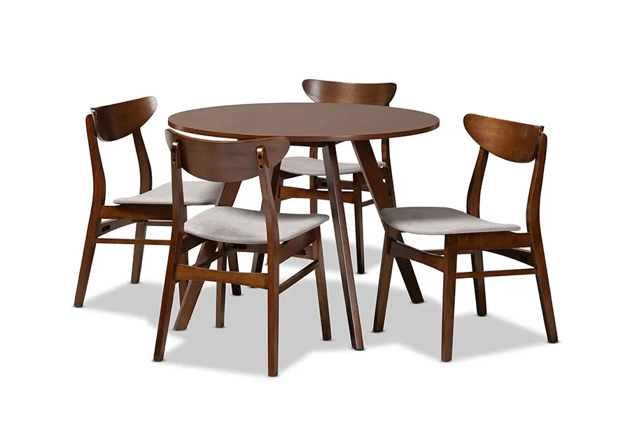 Baxton Studio Philip Mid-Century Modern Transitional Light Grey Fabric Upholstered and Walnut Brown Finished Wood 5-Piece Dining Set