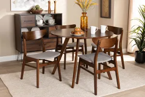 Baxton Studio Philip Mid-Century Modern Transitional Light Grey Fabric Upholstered and Walnut Brown Finished Wood 5-Piece Dining Set