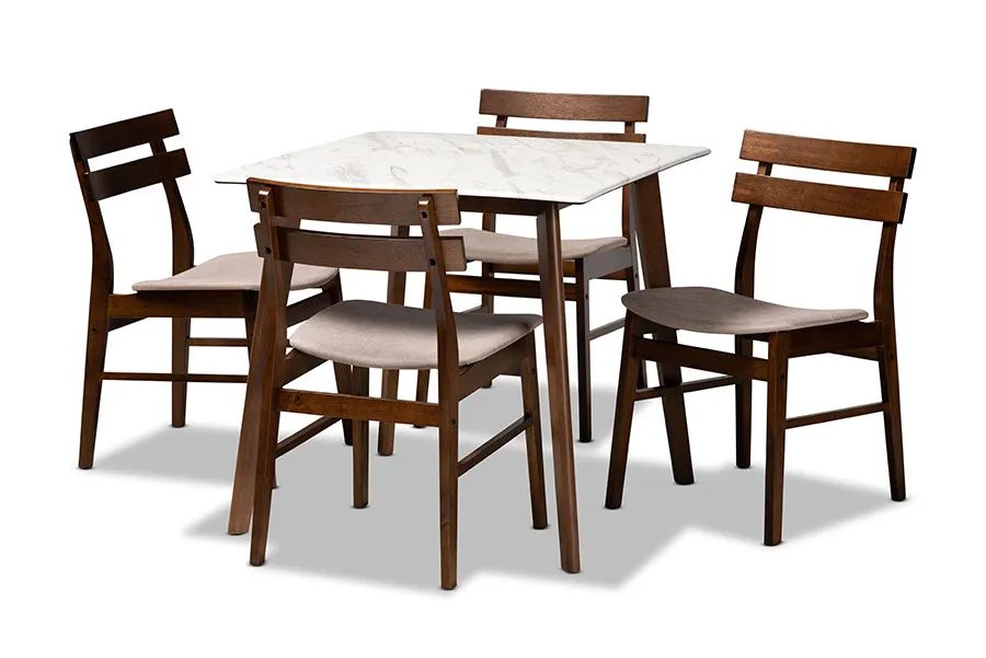 Baxton Studio Richmond Mid-Century Modern Light Beige Fabric Upholstered and Walnut Brown Finished Wood 5-Piece Dining Set with Faux Marble Dining Table