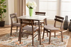 Baxton Studio Richmond Mid-Century Modern Light Beige Fabric Upholstered and Walnut Brown Finished Wood 5-Piece Dining Set with Faux Marble Dining Table