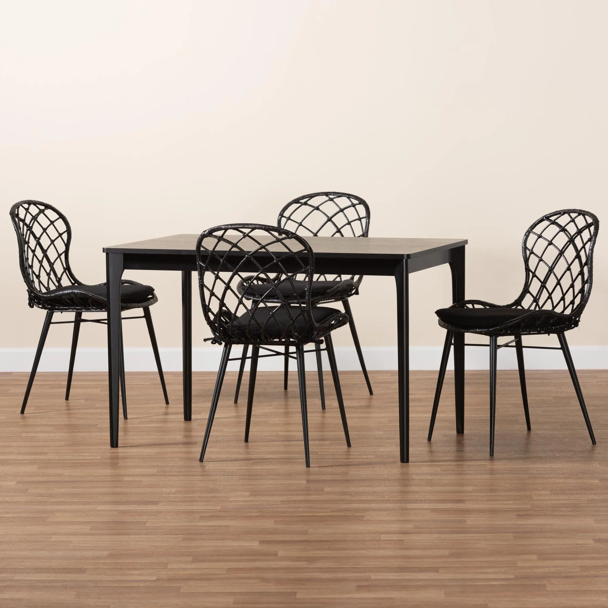 Baxton Studio Sabelle Modern Bohemian Black Finished Wood and Rattan 5-Piece Dining Set