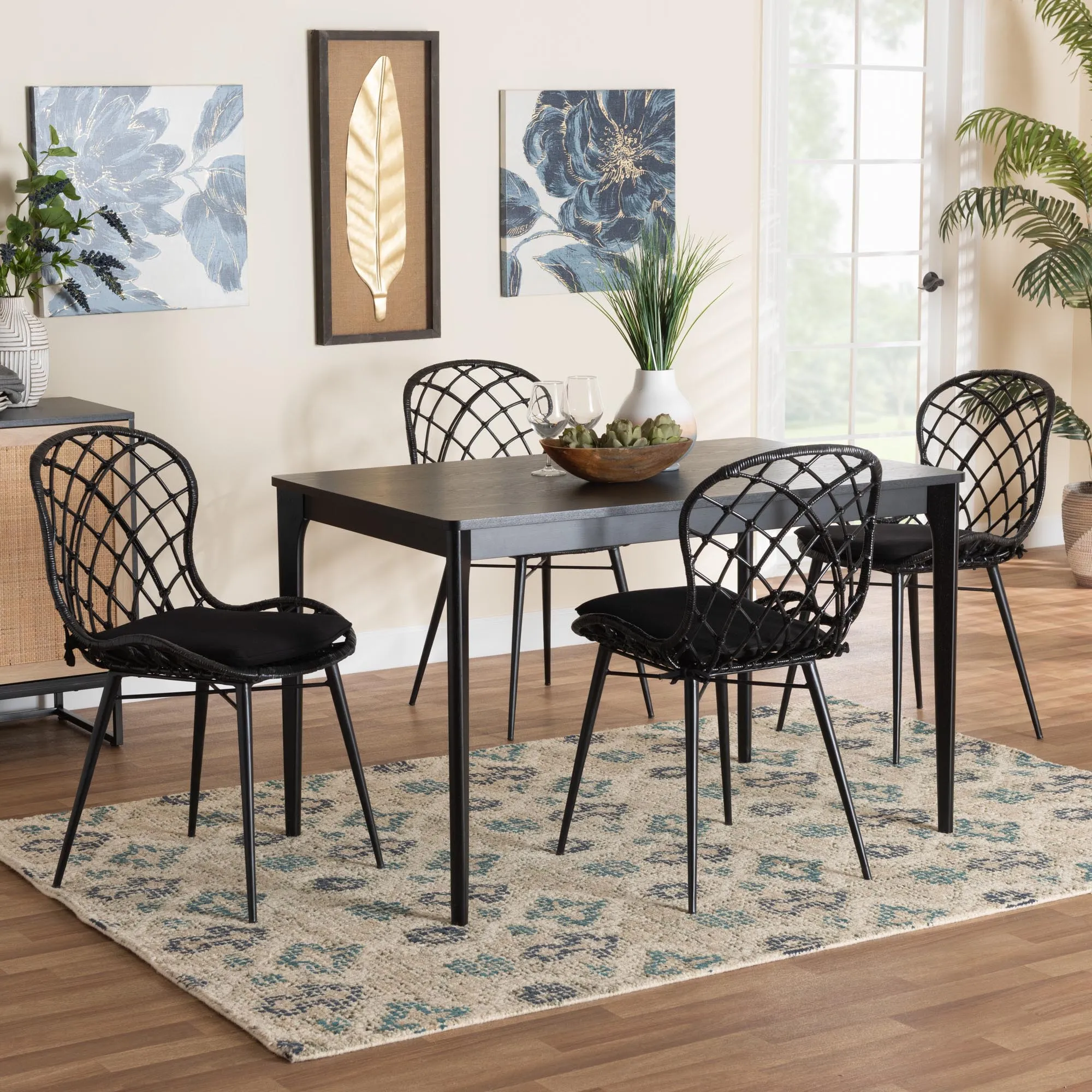 Baxton Studio Sabelle Modern Bohemian Black Finished Wood and Rattan 5-Piece Dining Set