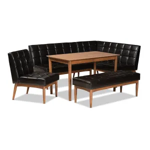 Baxton Studio Sanford Mid-Century Modern Dark Brown Faux Leather Upholstered and Walnut Brown Finished Wood 5-Piece Dining Nook Set