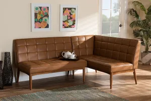 Baxton Studio Sanford Mid-Century Modern Tan Faux Leather Upholstered and Walnut Brown Finished Wood 2-Piece Dining Nook Banquette Set