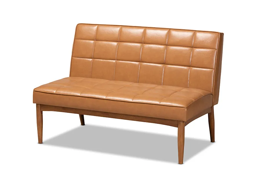Baxton Studio Sanford Mid-Century Modern Tan Faux Leather Upholstered and Walnut Brown Finished Wood 2-Piece Dining Nook Banquette Set