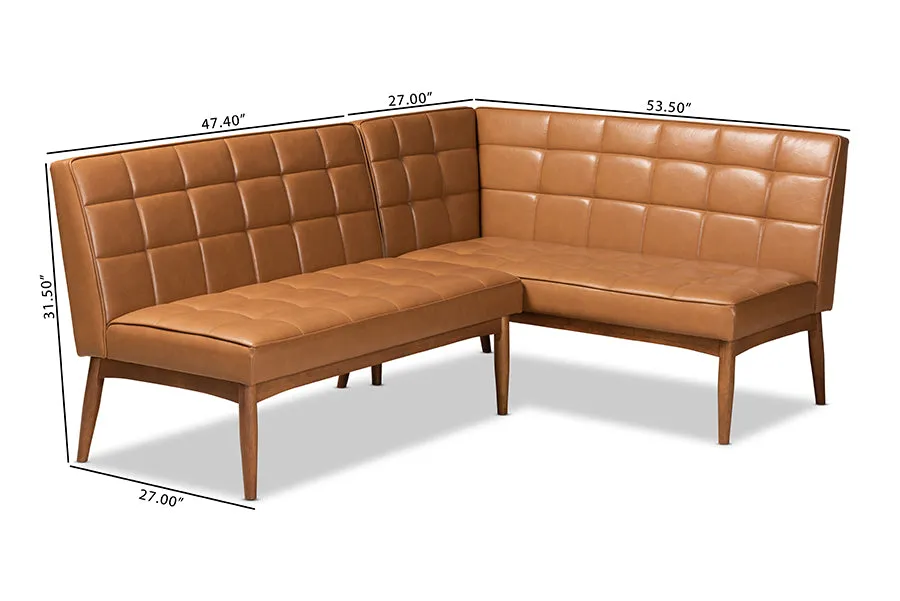 Baxton Studio Sanford Mid-Century Modern Tan Faux Leather Upholstered and Walnut Brown Finished Wood 2-Piece Dining Nook Banquette Set