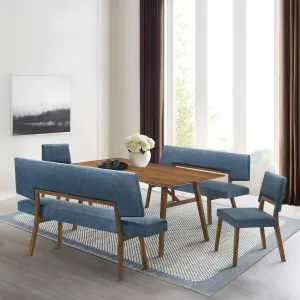 Channell 5 Piece Walnut Wood Dining Table Set with Benches in Blue Fabric By Armen Living
