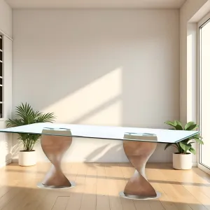 Clear And Brown Glass And Solid Wood Double Pedestal Base Dining Table By Homeroots