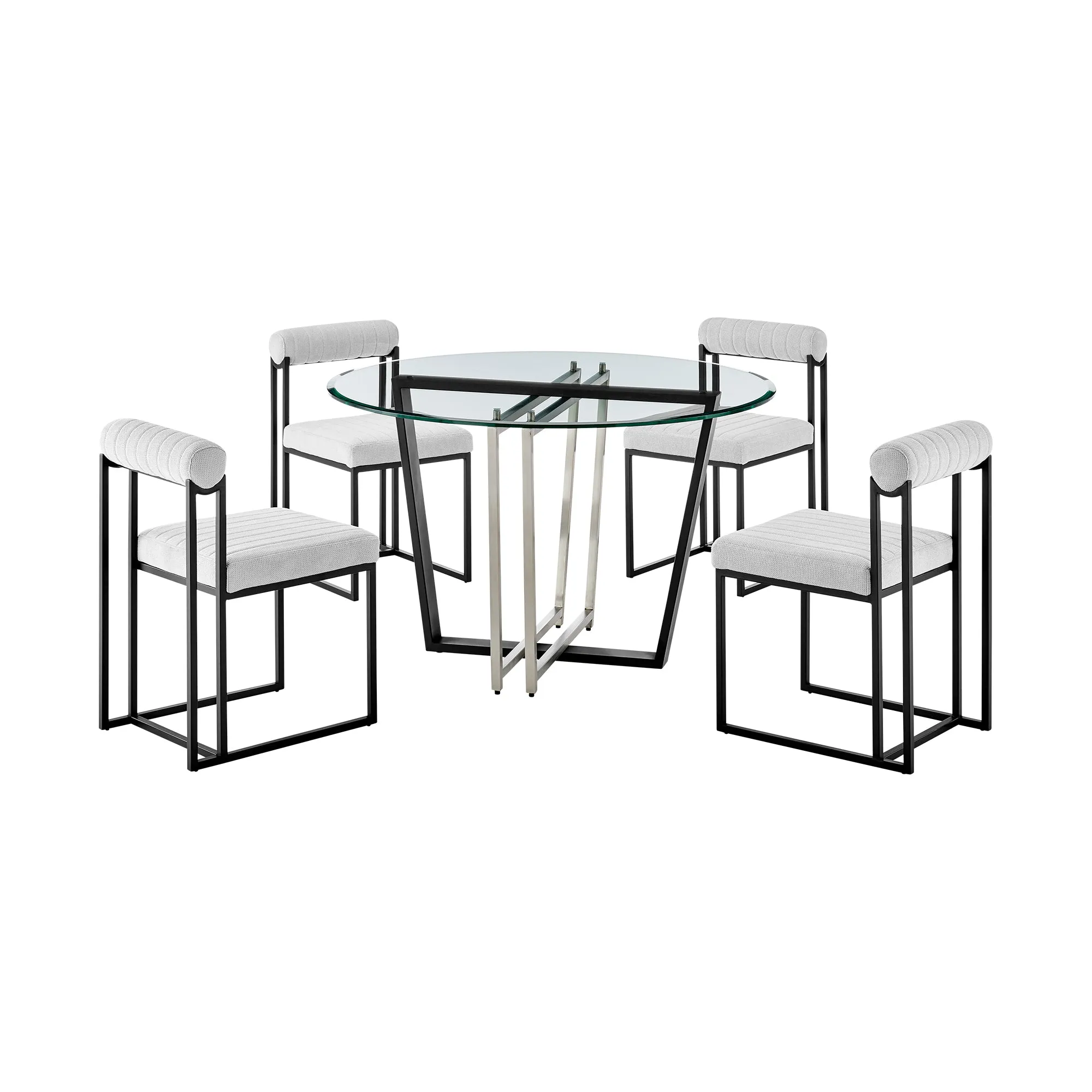 Devi Anastasia 5 Piece Round Glass Dining Table Set with Matte Black Iron and Anchor Gray Fabric By Armen Living