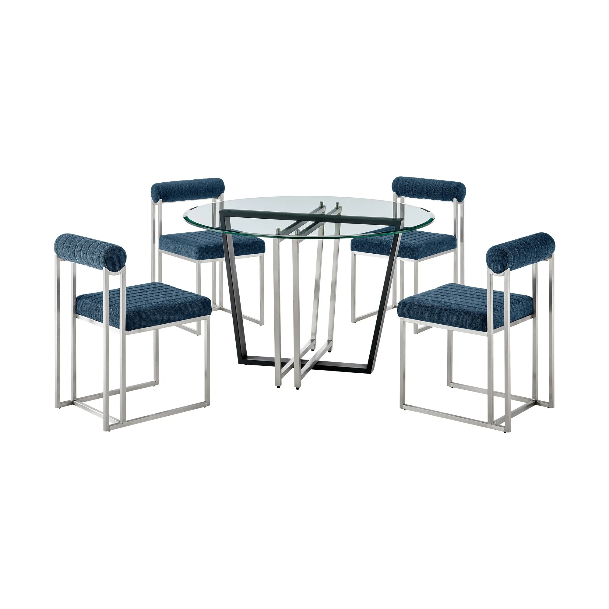 Devi Anastasia 5 Piece Round Glass Dining Table Set with Matte Black Iron and Anchor Gray Fabric By Armen Living