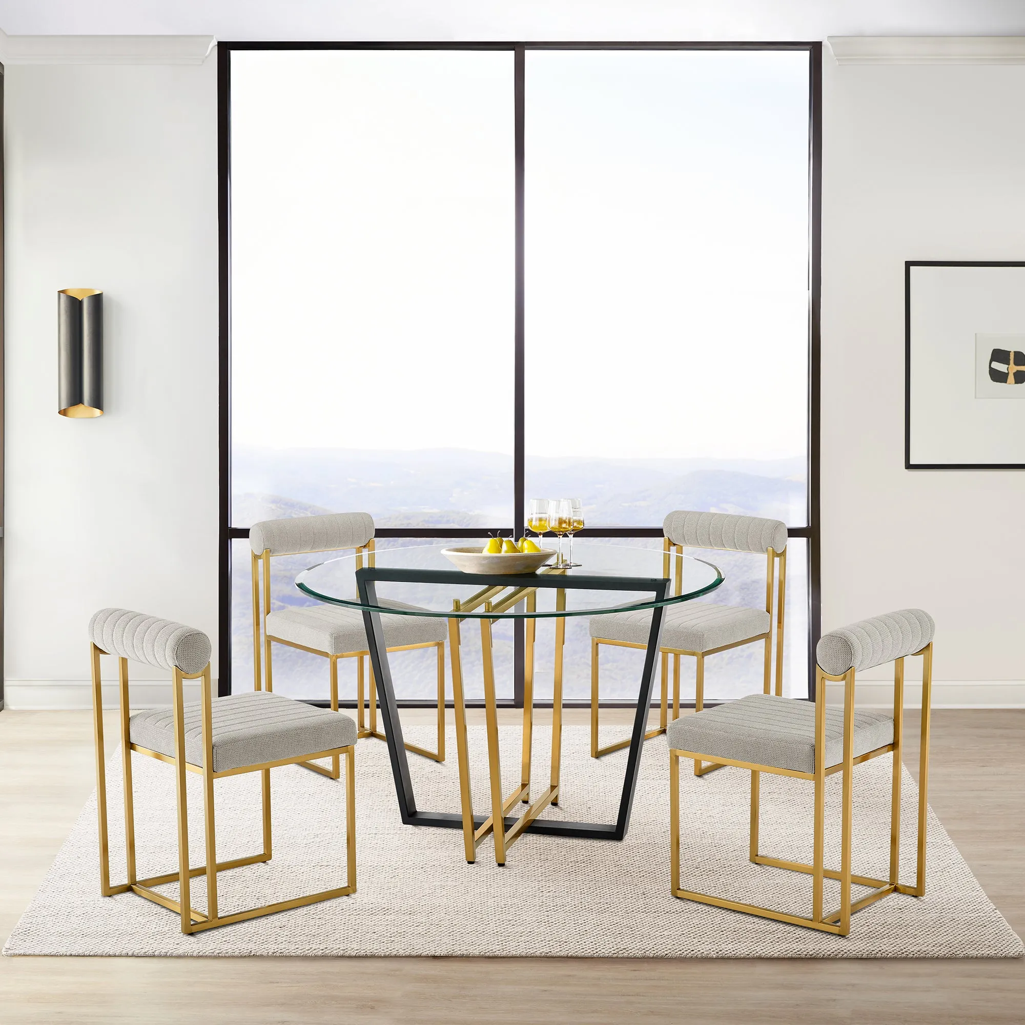 Devi Anastasia 5 Piece Round Glass Dining Table Set with Matte Black Iron and Anchor Gray Fabric By Armen Living