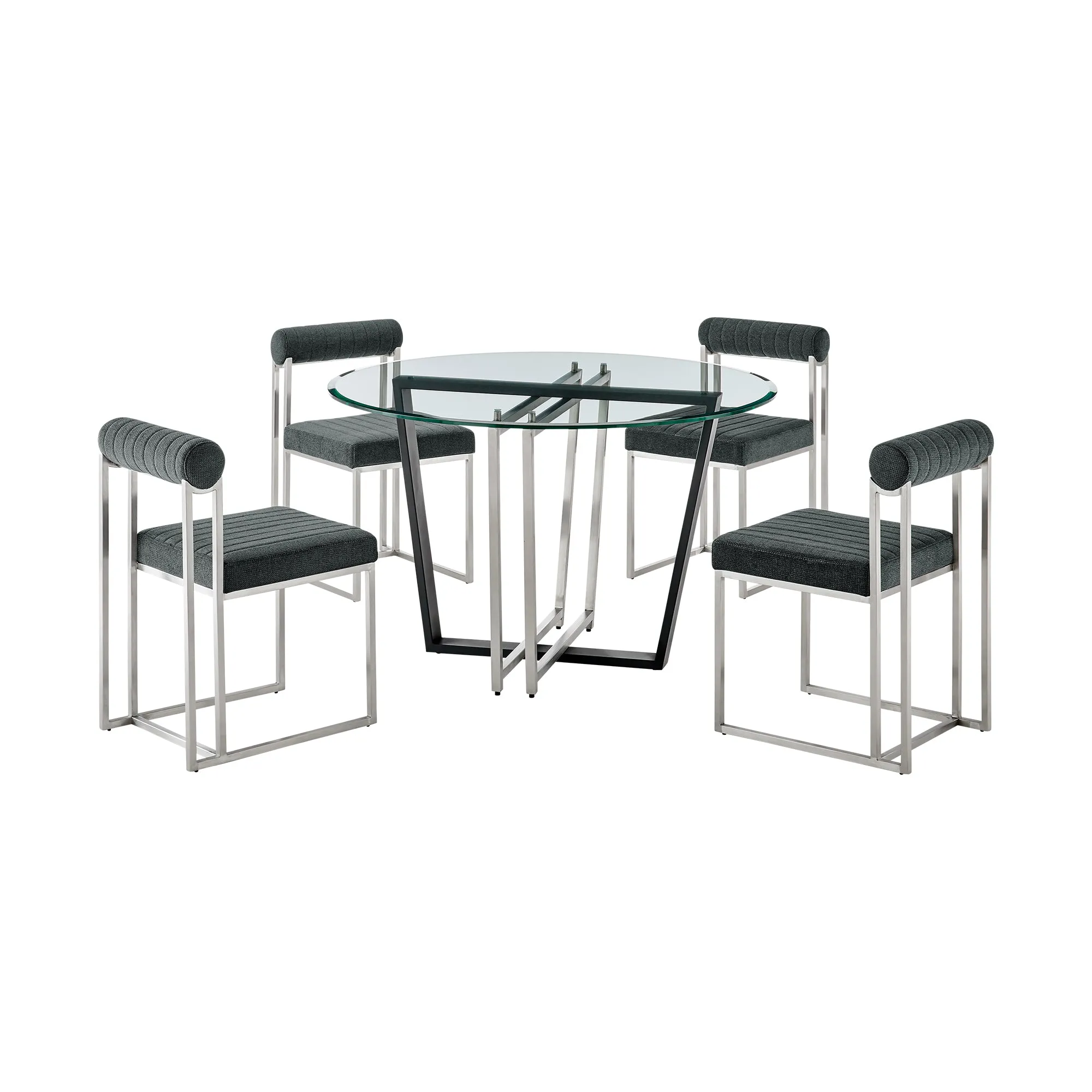 Devi Anastasia 5 Piece Round Glass Dining Table Set with Matte Black Iron and Anchor Gray Fabric By Armen Living