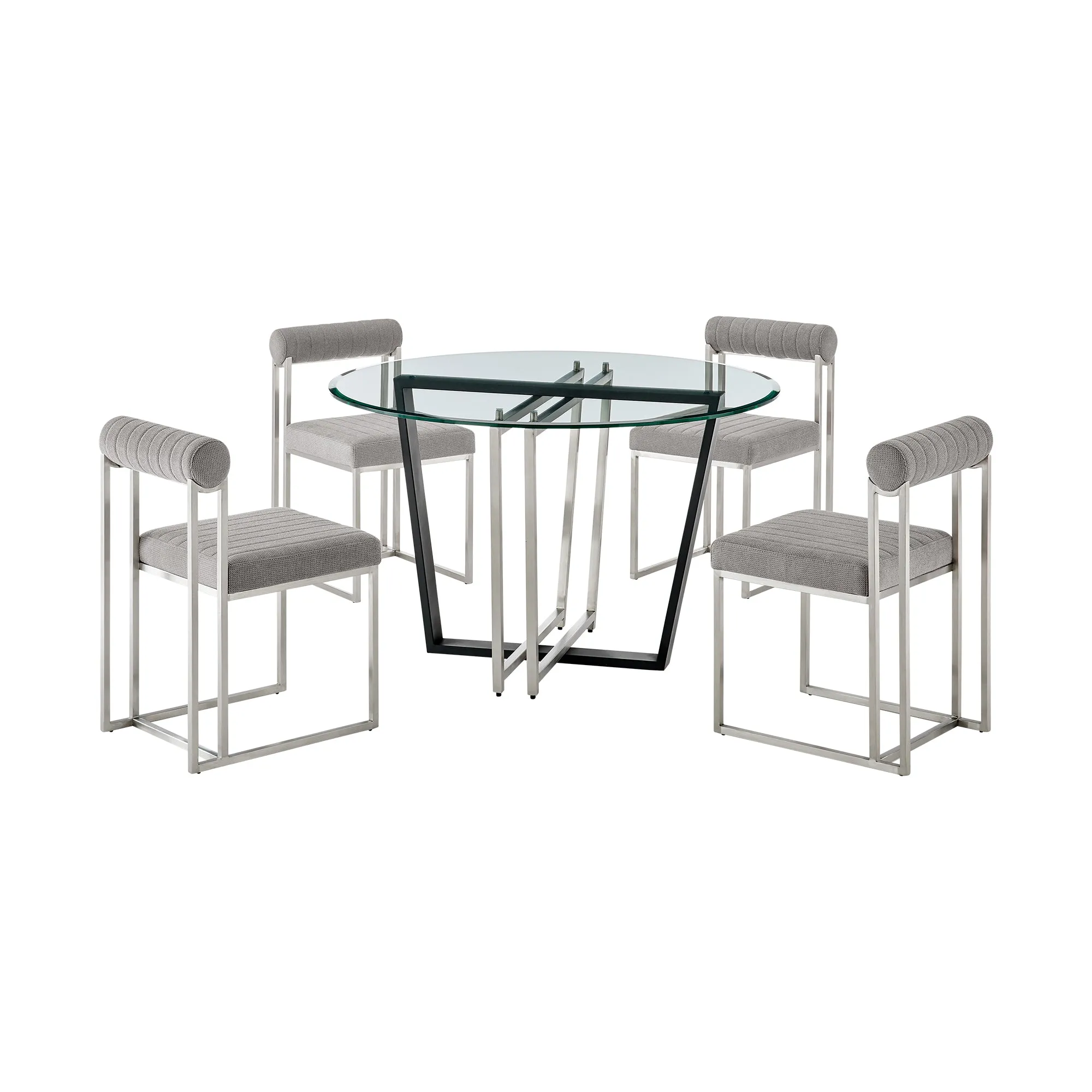 Devi Anastasia 5 Piece Round Glass Dining Table Set with Matte Black Iron and Anchor Gray Fabric By Armen Living