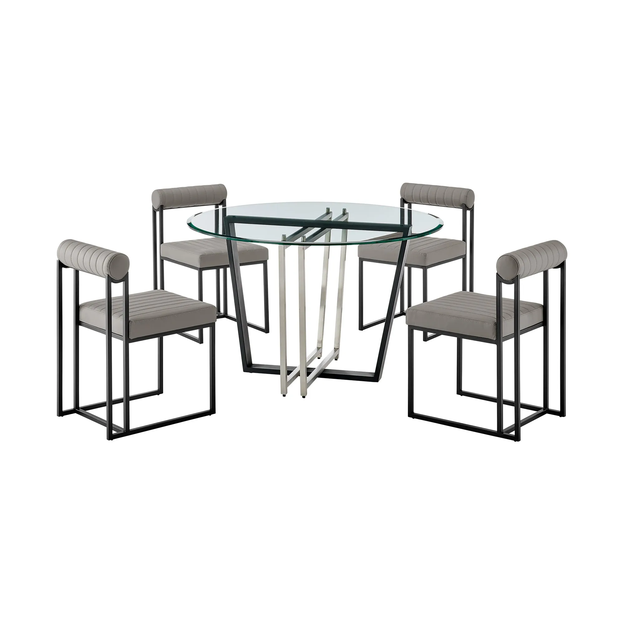 Devi Anastasia 5 Piece Round Glass Dining Table Set with Matte Black Iron and Anchor Gray Fabric By Armen Living