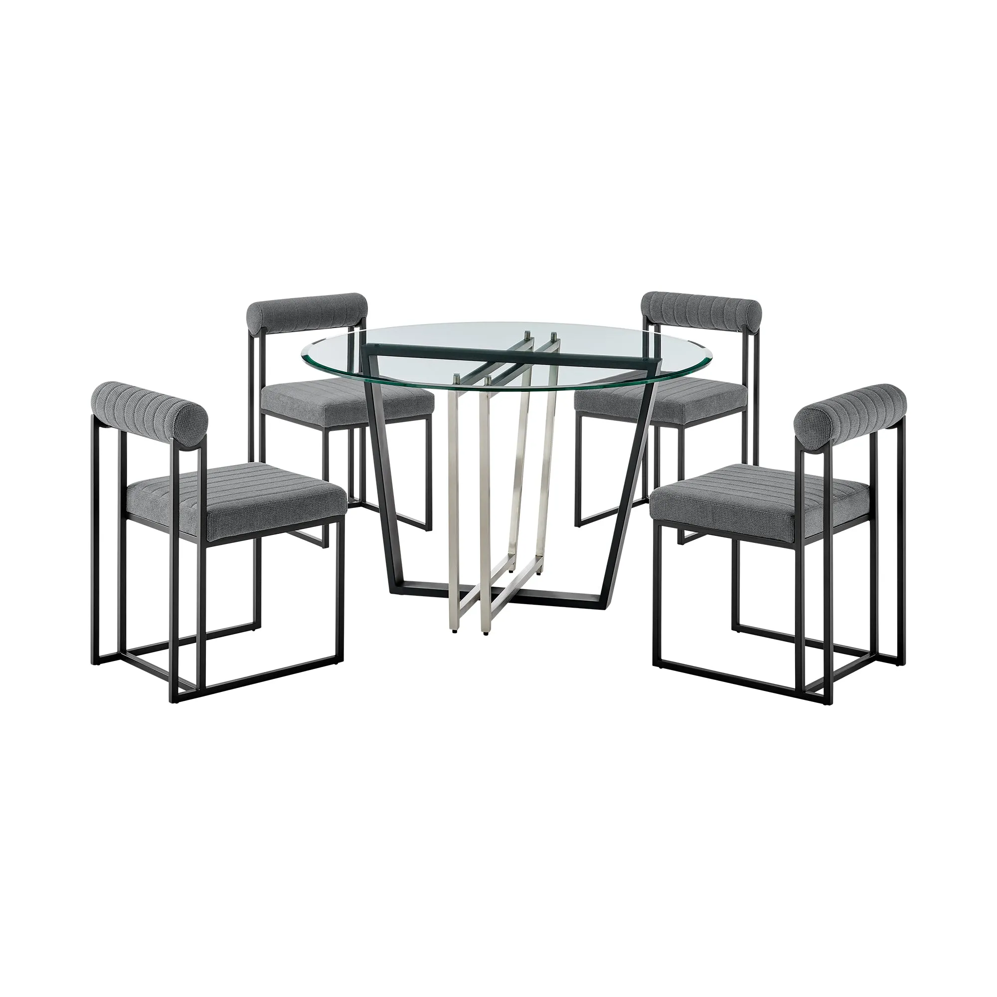 Devi Anastasia 5 Piece Round Glass Dining Table Set with Matte Black Iron and Anchor Gray Fabric By Armen Living