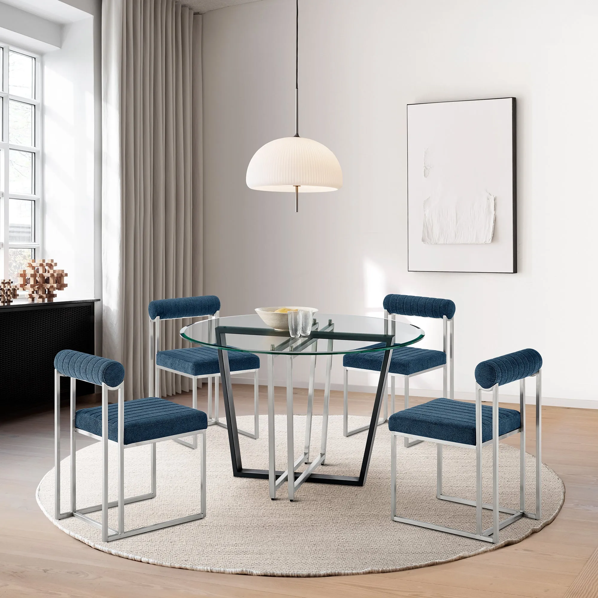 Devi Anastasia 5 Piece Round Glass Dining Table Set with Matte Black Iron and Anchor Gray Fabric By Armen Living