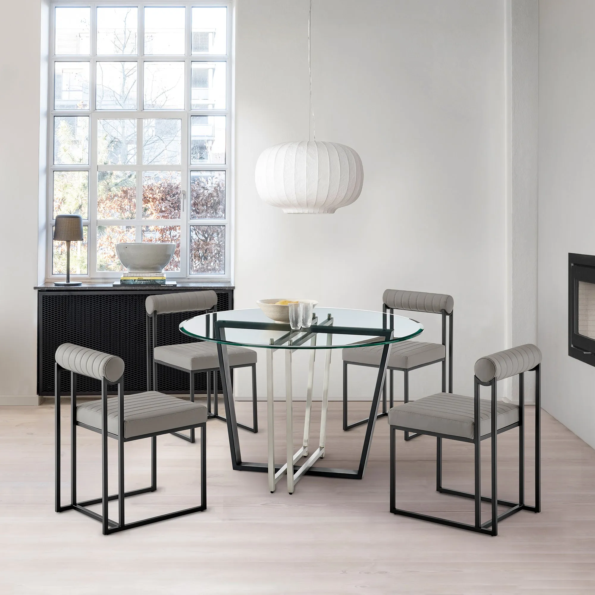 Devi Anastasia 5 Piece Round Glass Dining Table Set with Matte Black Iron and Anchor Gray Fabric By Armen Living