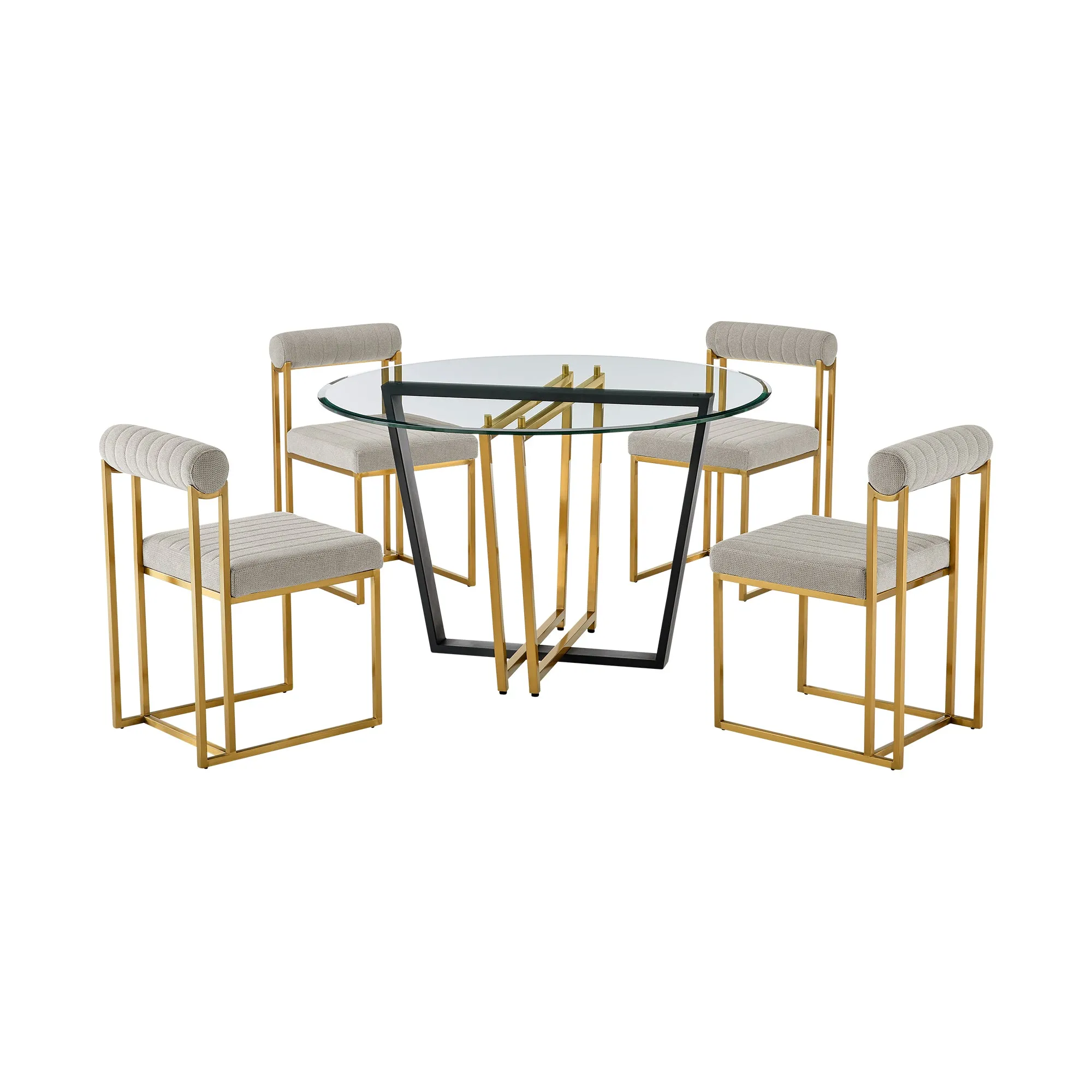 Devi Anastasia 5 Piece Round Glass Dining Table Set with Matte Black Iron and Anchor Gray Fabric By Armen Living